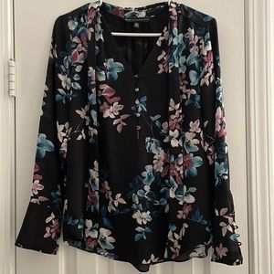 White House Black Market Black Floral Pattern Tie Neck Blouse